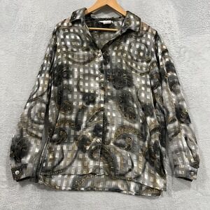 CM Shapes Button Up Shirt Womens Small Gray Gold Sheer Geometric Top‎ Blouse